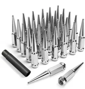1stpower-tech 788601129510 32pcs 14x1.5 Spike Lug Nuts Chrome For Chevy Silverado 2500hd 3500 4.5 Inch With Key
