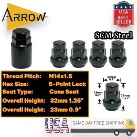 Ac009b Arrow 4x Black 14x1.5 Anti-theft Wheel Lock Lug Nuts And Key Fit Dodge Chrysler Jeep Ram