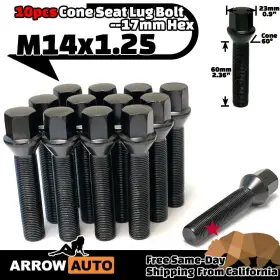 M14x1.25 Arrow Cs14125/60b 10pcs Black Cone Lug Bolt 55mm Shank For 30-35mm Spacers Fit Bmw Mini