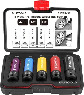 95499 Bilitools 1/2 Inch Drive Impact Lug Nut Socket Set 15 17 19 21 22 Mm