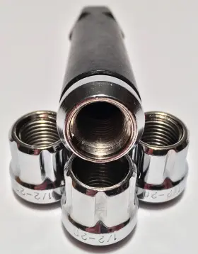 201142 Coyote Coyote- 4 Open End 6 Spline Lug Nuts Tuner Style Chrome Bulge 1/2x20 Key Ford