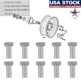 Fxqp0 Fx-motor 10pcs Jd16 Front Wheel Hub Lug Bolts 9/16-18 X 1-1/8 Inch Fit For John Deere Tractor