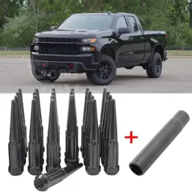 Goodfitment 788601131278 For Chevy Silverado 1500 1999-22 24x Black Spike Lug Nuts 14x1.5 4.4 Inch Tall With Key
