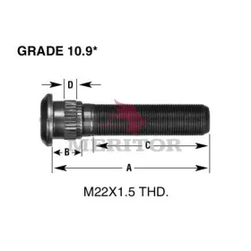 09001989 Meritor Wheel Stud Rh Thread Direction Serrated 0.87 Inch Body Length