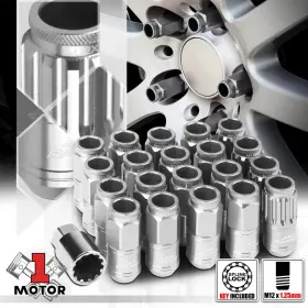 Mt1-ls5215109ltznl Motor-1 16 Silver M12x1.25 50mm Aluminum Open End Knurled Tip Lug Nut With 4 Lock Key