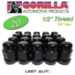 (20PC) Gorilla Lug Nuts, 1/2" Thread, Black, Bulge Acorn, 3/4" Hex 19MM, 41188BC New. Price: $42.88.