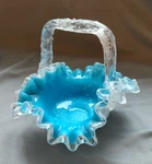 Victorian Single Handled Art Glass Aqua Basket With Crimped & Mica Flakes Used. Price: $21.50.